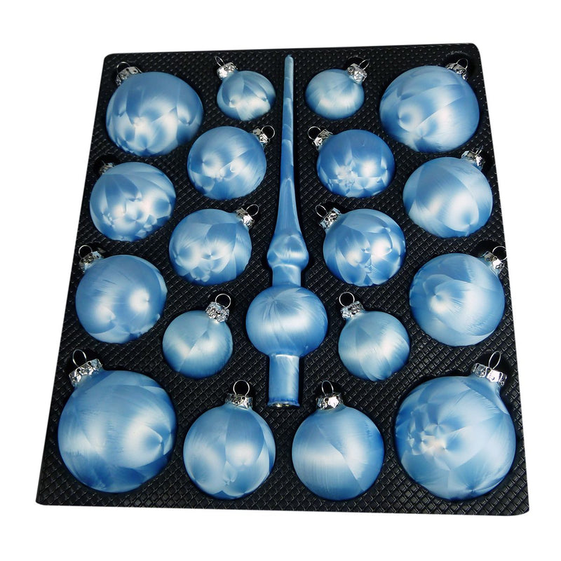 Weihnachtskugel Sortiment mit Spitze 19tlg. Glas Gletscherblau Eislack