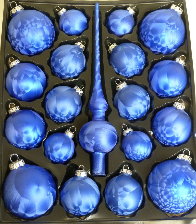 Weihnachtskugel Sortiment mit Spitze 19tlg. Glas Dunkelblau Eislack