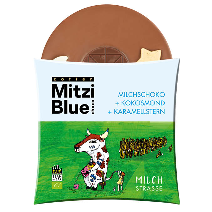 Zotter Mitzi Blue "Milchstraße" - Milchschoko + Kokosmond + Karamellstern