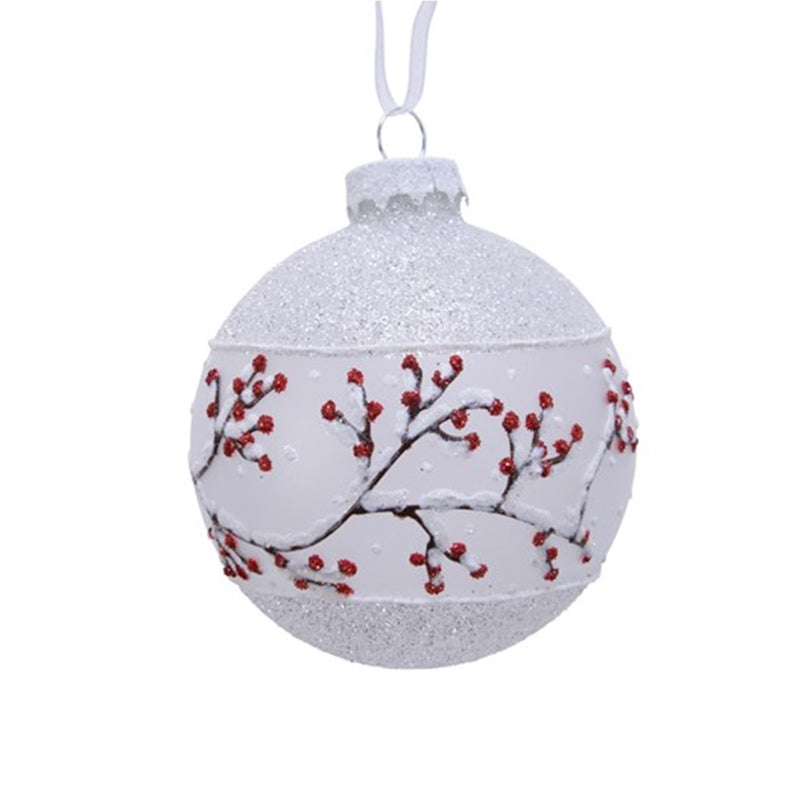 3 Stück Dekor Weihnachtskugel 8cm Glaskugel Beerenzweig Winterweiß